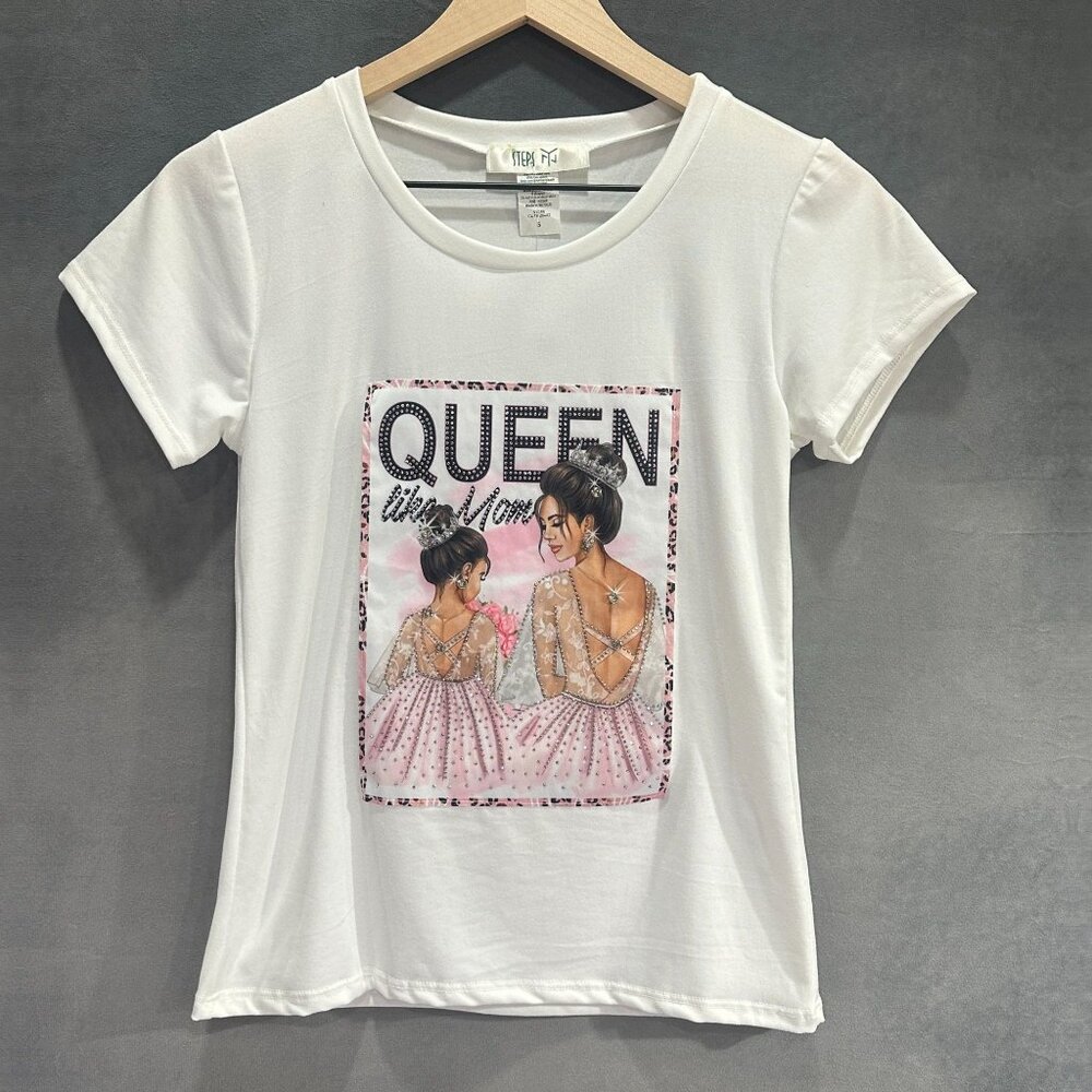 Womens Graphic Tee White Rhinestone Queen Like Mom T Shirt‎ NWT Size Small Bling